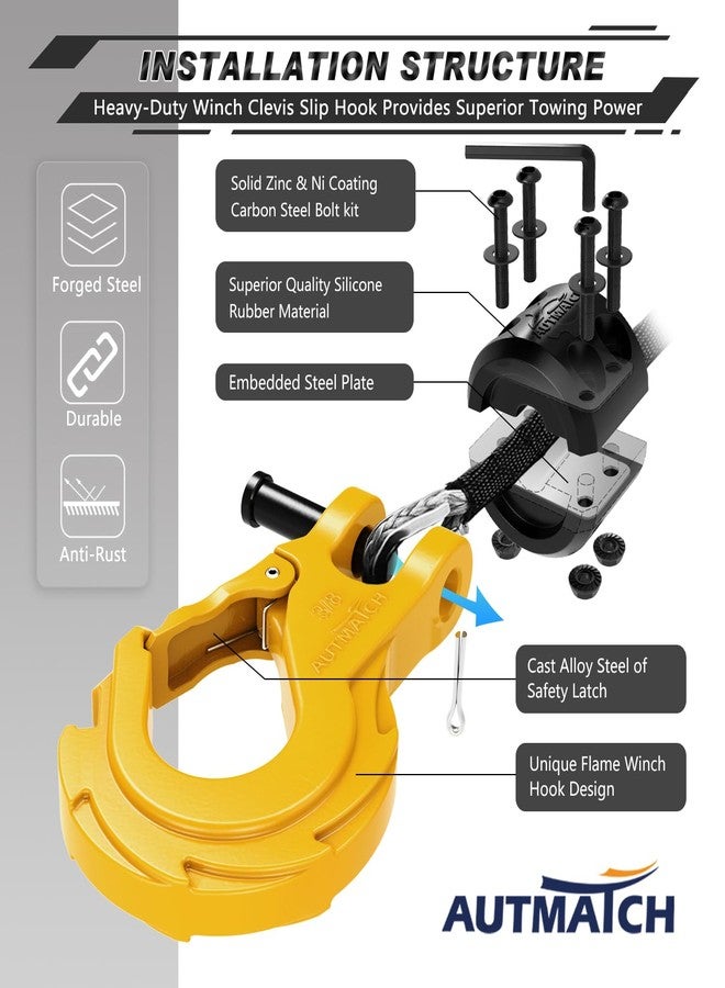 AUTMATCH Winch Hook 3/8" - Clevis Slip Hook with Safety Latch & Winch Cable Hook Stopper, Grade 70 Forged Steel Max 39,600Lbs Work for Winch Rope, ATV, UTV, Off Road Vehicle, Yellow - Image 2